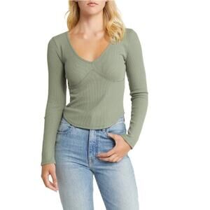 NEW BP. NORDSTROM Women's Green Dune V-Neck Thermal Top Size M